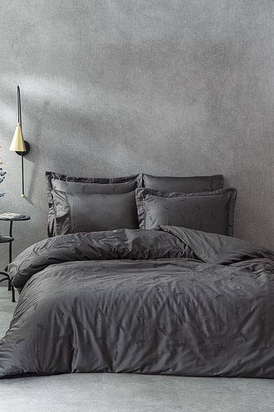Ecocotton Güz Battal Size Duvet Cover Set 100% Organic Cotton Satin Embroidered Anthracite 240x220 Cm