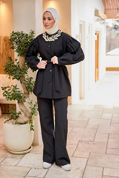 LOCCO Жіночий комплект з подвійним поясом і деталями з піле, чорний