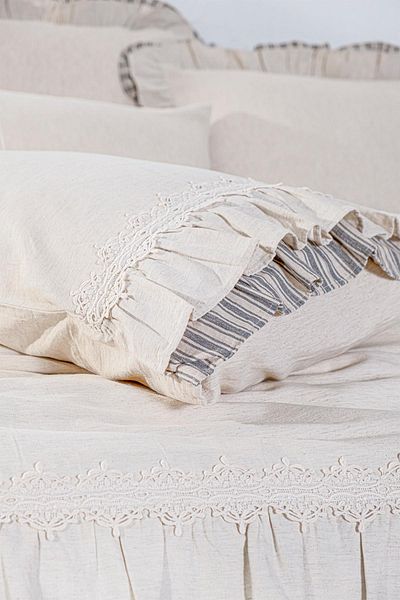 Ecocotton Dalya King Size Duvet Cover Set 100% Organic Cotton Linen Frilly Anthracite 240x220 Cm