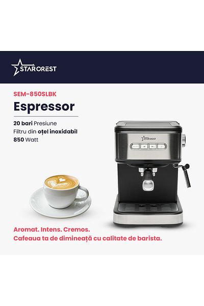 STARCREST Espressor STARCREST SEM-850SLBK, 850W, 20 bar, rezervor detasabil 1.5L, dispozitiv spumare