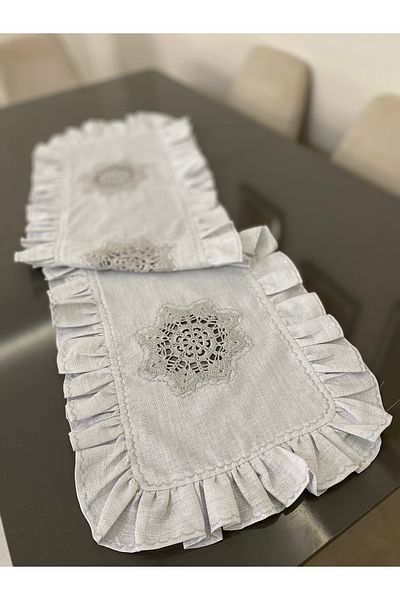 Parla Life Gray Glitter Gardenia Fabric Hand Knitted Motif Frilly Runner