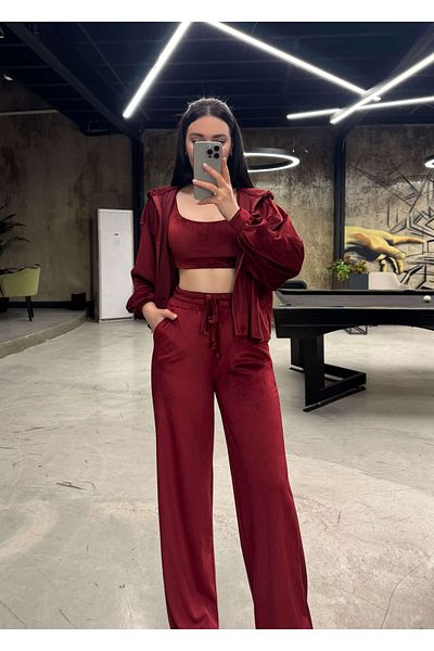 missswans Set de 3 piese din catifea de calitate premium Sandara - Roșu Claret