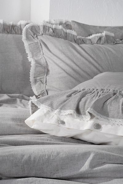 Ecocotton Lisa Double Duvet Cover Set 100% Organic Cotton Linen Frilly Gray 200x220 Cm