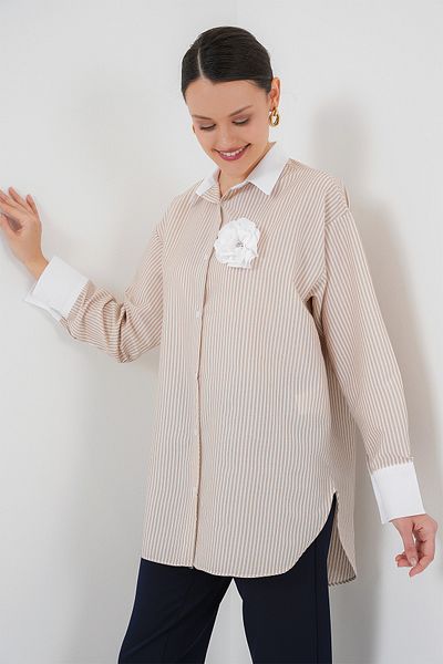 Bigdart Cămașă de damă cu dungi lungi bej 5962