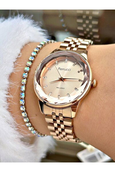 Ferrucci FERRUCCİ  KESME CAMLI RAKAMLARI TAŞLI ROSE METAL KADIN KOL SAATİ