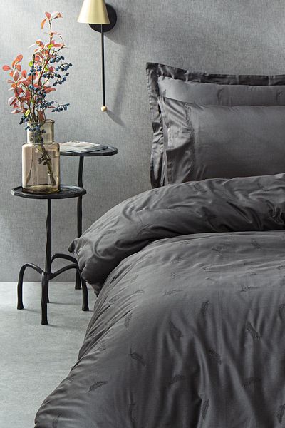Ecocotton Güz Battal Size Duvet Cover Set 100% Organic Cotton Satin Embroidered Anthracite 240x220 Cm