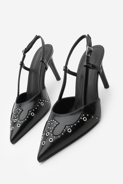 Marjin Damen Stiletto Pointed Toe Back Open Trock Studded Shoes Darkon Schwarz