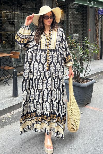 AYASOFYA OTANTIK Women's Black Buttoned Placket Collar Ethnic Patterned Balloon Sleeve Loose Long Dress