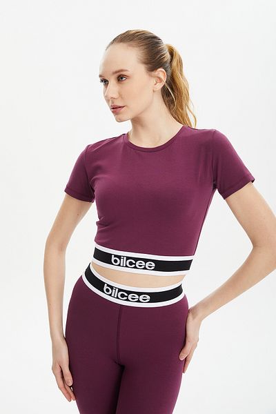 bilcee Women's High Waist Crop T-shirt and Sports Leggings Set - Plum Cotton, Short Sleeve, Navel Top 0541