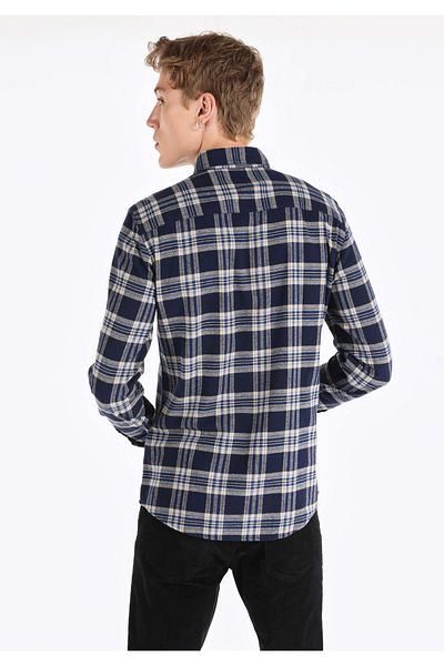Colin's Slim Fit Shirt Neck Plaid Men's Navy Blue Long Sleeve Shirt