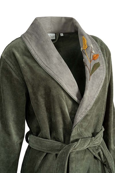 Ecocotton Farah Family Bathrobe Set - 100% Organic Cotton Embroidered, Green/Brown - M/L