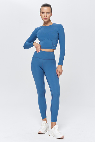 bilcee Women's Blue High Waist Brushed Soft Recovery Pocket Sports Tights 9774