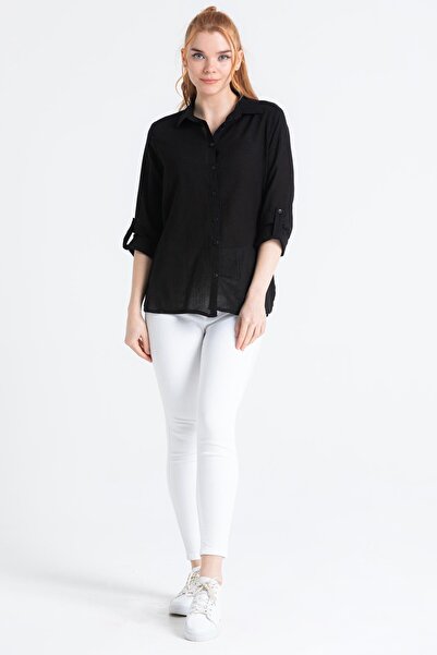 Eliş Şile Bezi Uzun Kol Vual Avşar Yazlık Gömlek Siyah Syh