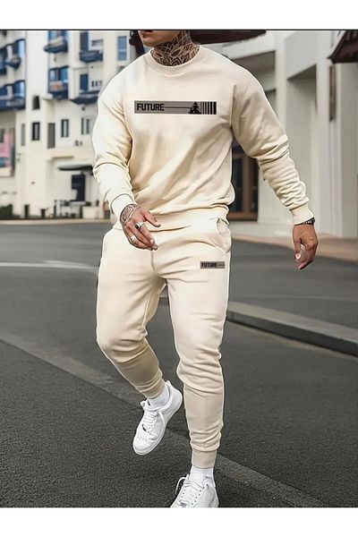 NO 601 Ανδρικό σετ αθλητικών φόρμας μπεζ Future Printed Crew Neck