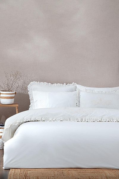 Ecocotton Elsa King Size Duvet Cover Set 100% Organic Cotton Perkal Embroidered Cream 240x220 Cm