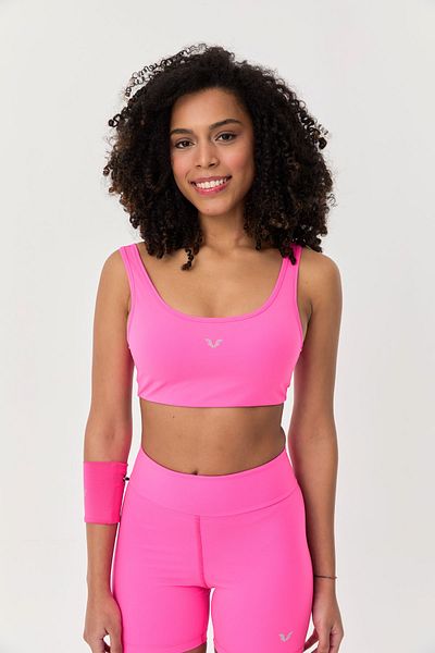 bilcee Top crop sport pentru femei V.Pink - Lycra, cu tampoane, lungime crop, stil sutien, bustieră 0819