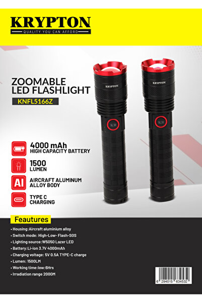 KRYPTON 2PCS Zoomable LED Flashlight KNFL5166, 4000mAh, 1500LM, Type-C Charging, SOS, Portable