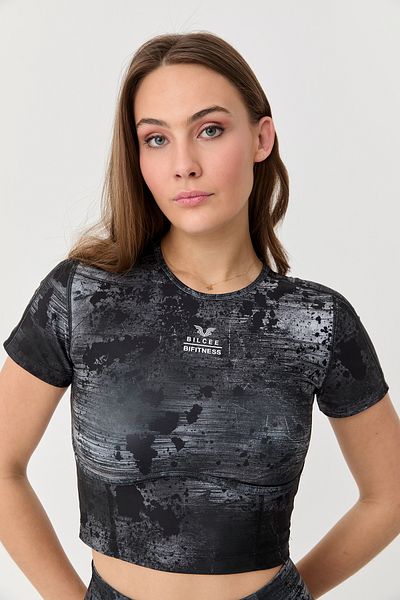 bilcee Γυναικείο γκρι Mental Soft Texture Sportsman κοντομάνικο Performance Crop 1386