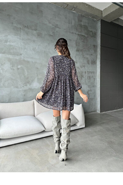 LifeisFashion Çiçek Dedenli Şifon Mini Tül Kollu Elbise Kadin Lifeisfashion