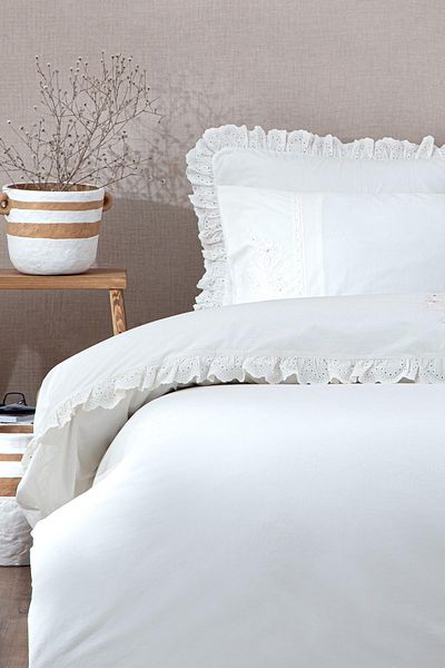 Ecocotton Elsa King Size Duvet Cover Set 100% Organic Cotton Perkal Embroidered Cream 240x220 Cm