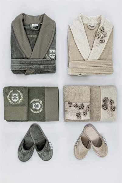 Ecocotton Masal Aile Bornoz Seti %100 Organik Pamuk Nakışlı Bej/yeşil - L/xl