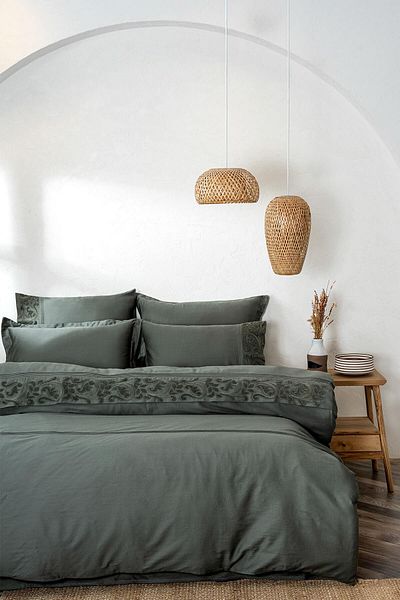 Ecocotton Yade Double Duvet Cover Set 100% Organic Cotton Satin Embroidered Green 200X220 cm