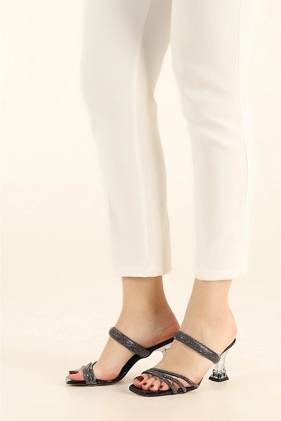 WeekJack Women's Mirrored Stone Banded Transparent Heeled Slippers