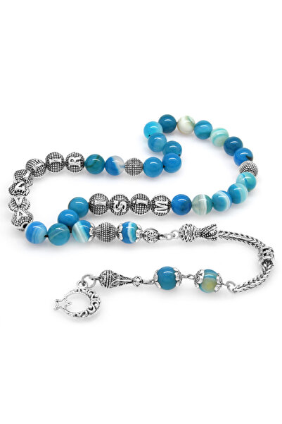 Tesbihane Αμαυρώστε μεταλλική φούντα σφαίρα κομμένο όνομα γραμμένο μπλε-λευκό αχάτη φυσική πέτρα ροζάριο