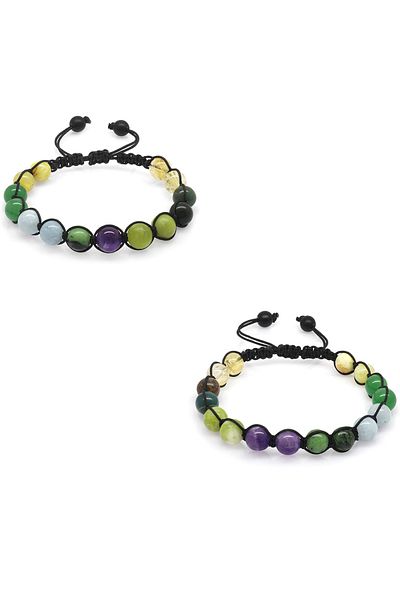 Tesbihane Macrame Braided Globe Cut Multiple Natural Stone Combination Women's and Men's Healing Bracelet (Set of 2)