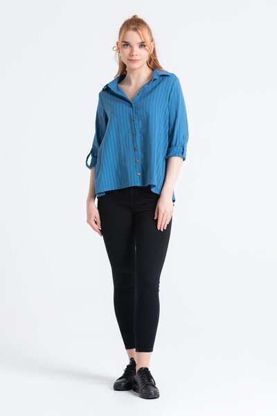 Eliş Şile Bezi Uzun Kol Şile Bezi Peyker Yazlık Gömlek Indigo Indg