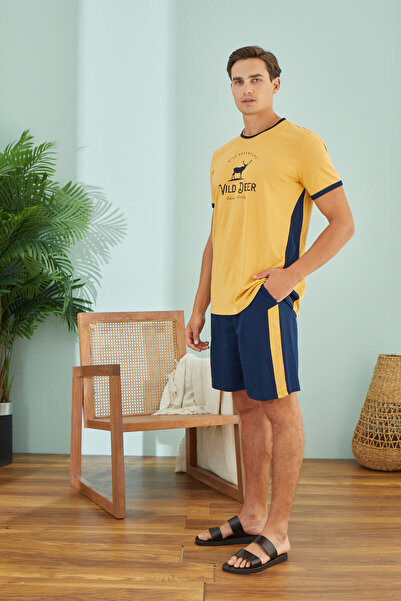 Sevim Ανδρικά, μουστάρδα-μπλε ναυτικό, 100% βαμβάκι, μπλουζάκι Σετ σορτς/ Ρούχα για το σπίτι