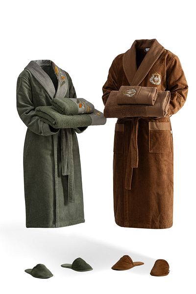 Ecocotton Farah Family Bathrobe Set - 100% Organic Cotton Embroidered, Green/Brown - M/L