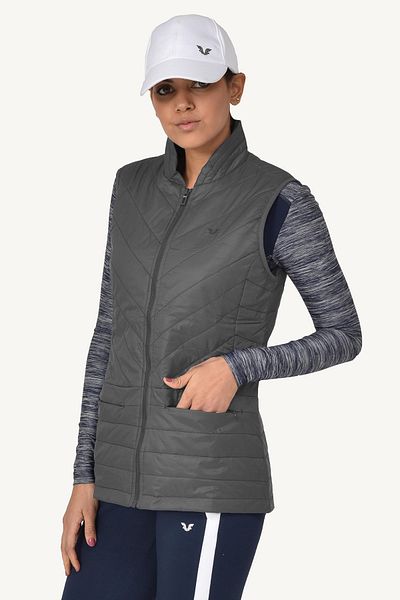 bilcee Women's Dark Gray Zero Sleeve Collared Windproof Three Seasons Vest 1267