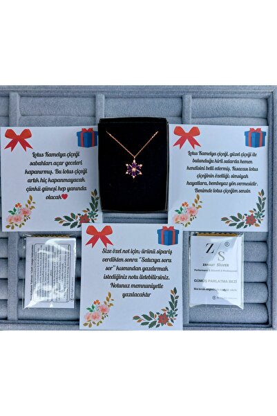 Zanaatsilver 925 Ayar Gümüş Zincirli Ametist Taşlı Rose Kaplama Lotus Kamelya Çiçeği Kolye