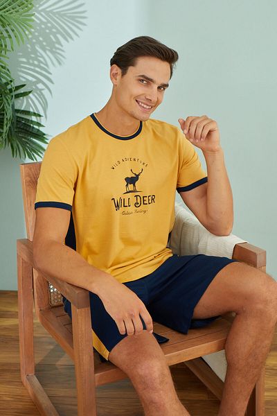 Sevim Men'S, Mustard-Navy Blue, 100% Cotton, T-Shirt Shorts Set/ Home Wear