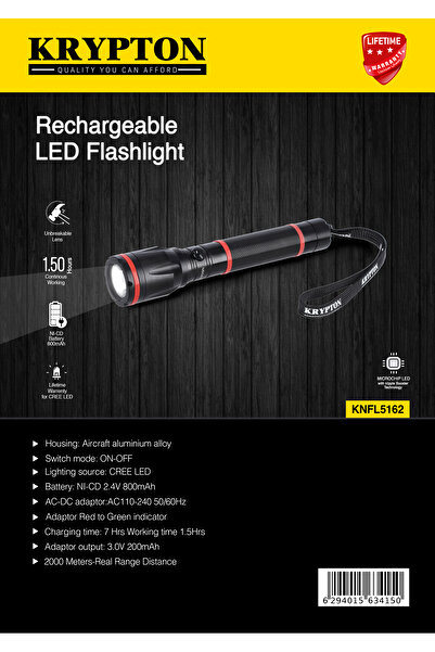 KRYPTON Rechargeable LED Flashlight, CREE LED, Aircraft Aluminum, 800mAh Battery, 2000m Range