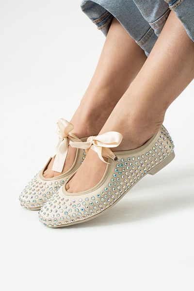 Neva'nın Butiği Aria Ribbon Tied Stone Detailed Women's Ballerinas