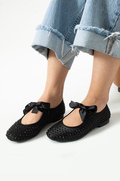 Neva'nın Butiği Aria Ribbon Tied Stone Detailed Women's Ballerinas