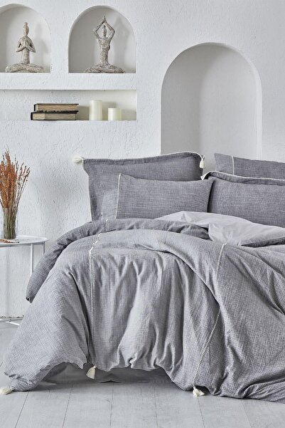 Ecocotton طقم غطاء لحاف مزدوج طبيعي 100% قطن عضوي موسلين رمادي 200x220 سم