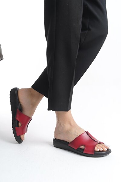 ALPELLİByAlp Orthopedic Leather Sole Heel Spur Supported Daily Red Slippers