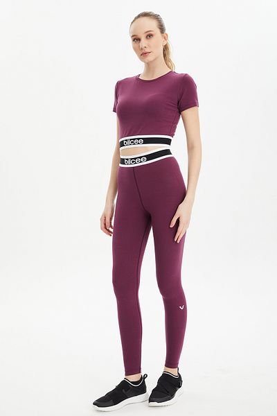 bilcee Women's High Waist Crop T-shirt and Sports Leggings Set - Plum Cotton, Short Sleeve, Navel Top 0541