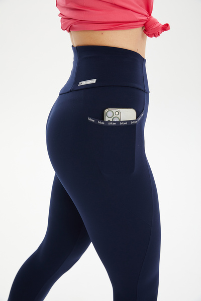 bilcee Colanți sport pentru femei, albastru bleumarin, cu talie înaltă, cu buzunare elastice și de recuperare 0739