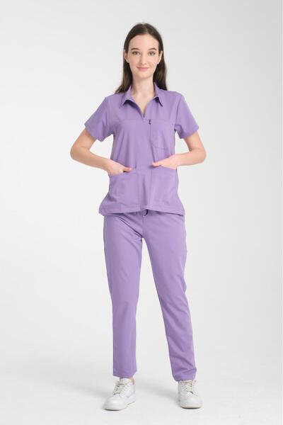 YILMAZ Üniforma POLO yaka Unisex Lila rengi ütü istemeyen likralı Doktor hemş...