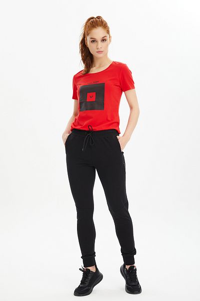bilcee Pantaloni de sport lungi din bumbac cu nervuri negre pentru femei 0807