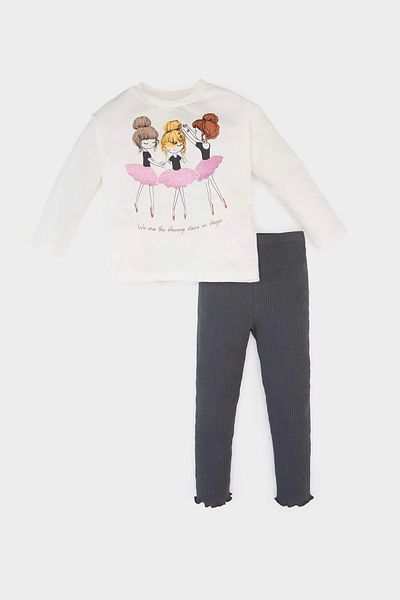 DeFacto E5563 Ecru Baby Girl Set of 2 Ballerina Printed Long Sleeve T-Shirt Elastic Waist Leggings
