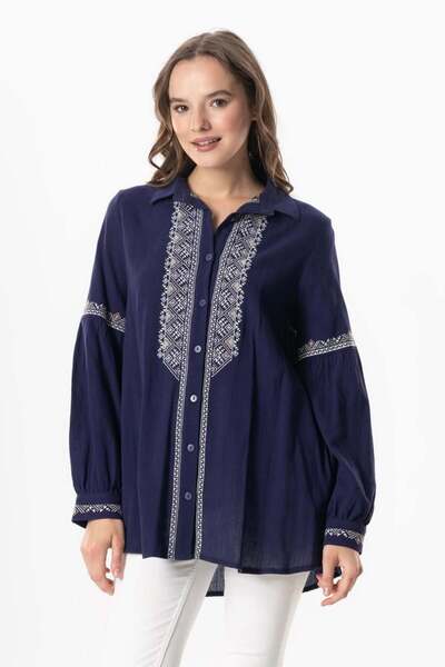 Eliş Şile Bezi Синя довга рукава з вишитим візерунком з ниток, літня фіолетова