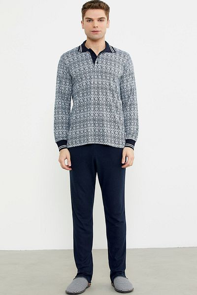 Sementa Σετ πιτζάμες με μαλακή υφή Polo Neck - Navy Blue