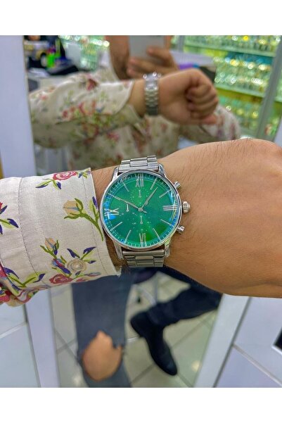 ÇENÇEN Gümüş Kordon Yeşil Kadran Çelik Vintage Erkek Kol Saati