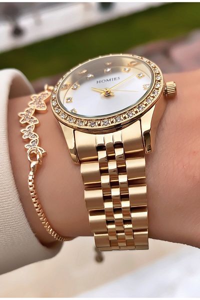 Homies Brand Gold Color Waterproof Women's Wristwatch - With Bracelet Gift