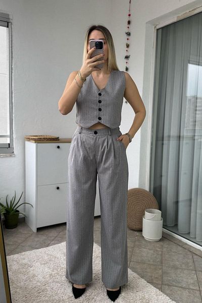 Kubos Moda Striped Gray Wide Leg Vest Trousers Set
